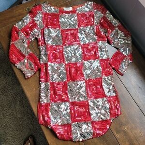 Vintage Dominque 100% Silk Beaded Geometric Checkered Tunic sz S Red Silver